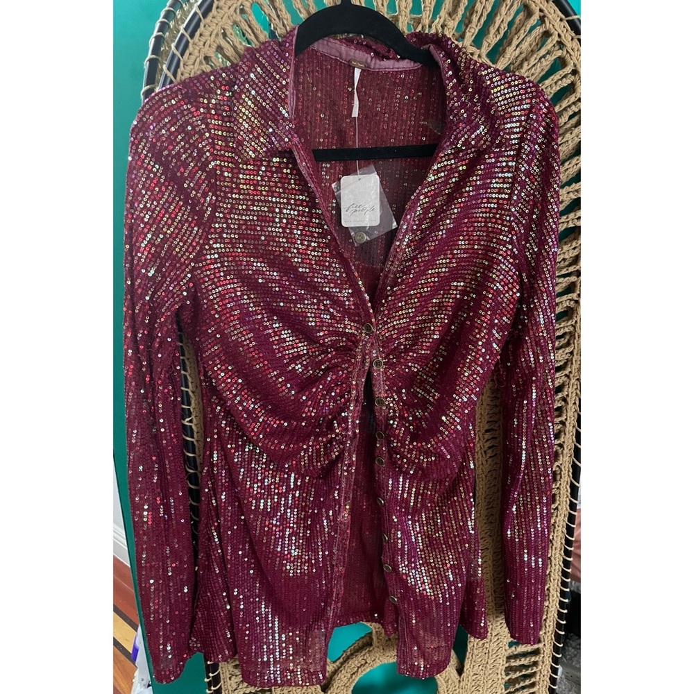 FREE PEOPLE SEQUIN SHIRTEE MAROON NWT SZ L